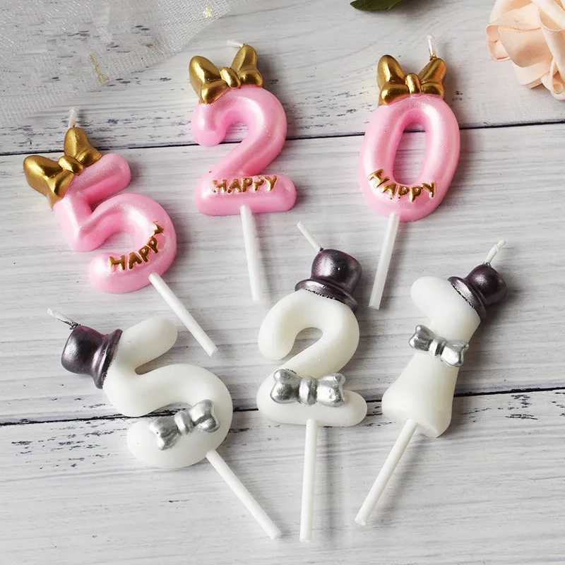 

Pink Bow Candle Cupcake Happy Birthday Cake Topper White Hat Baby Shower Boy Girl kid Annivesary Wedding Dessert Baking Supplies