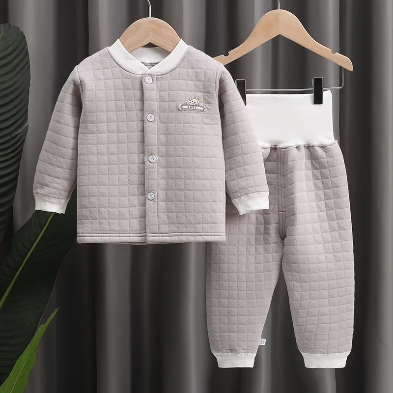 New Baby Boys Autumn Thicken Clothes Long Sleeved Three-layer Warm Underwear Suit High Waist Belly-protecting Cotton Pant Pajama cheap cotton nightgown Sleepwear & Robes