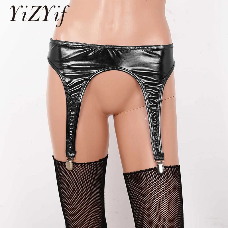 Women Shiny Metallic Garter Belt Stockings With Four Metal Duck-Mouth Clips Suspender For Thigh High Suspenders | Женская одежда