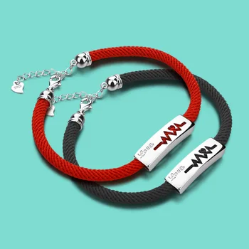 

New 925 sterling silver heartbeat pendant hollow design red / black rope bracelet couple jewelry young fashion bracelet bijoux