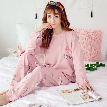 

100% Cotton Pajama Sets For Women New Autumn Winter Long Sleeve Pyjama Girl Cute Cartoon Sleepwear Lounge Homewear Home Clothing