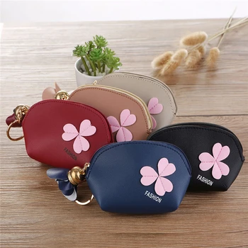 

New Arrival Creative Girl Leather Small Coin Purses Clutch Purses Crescent Shape With Tassel Flowers Pendant 4 Colors