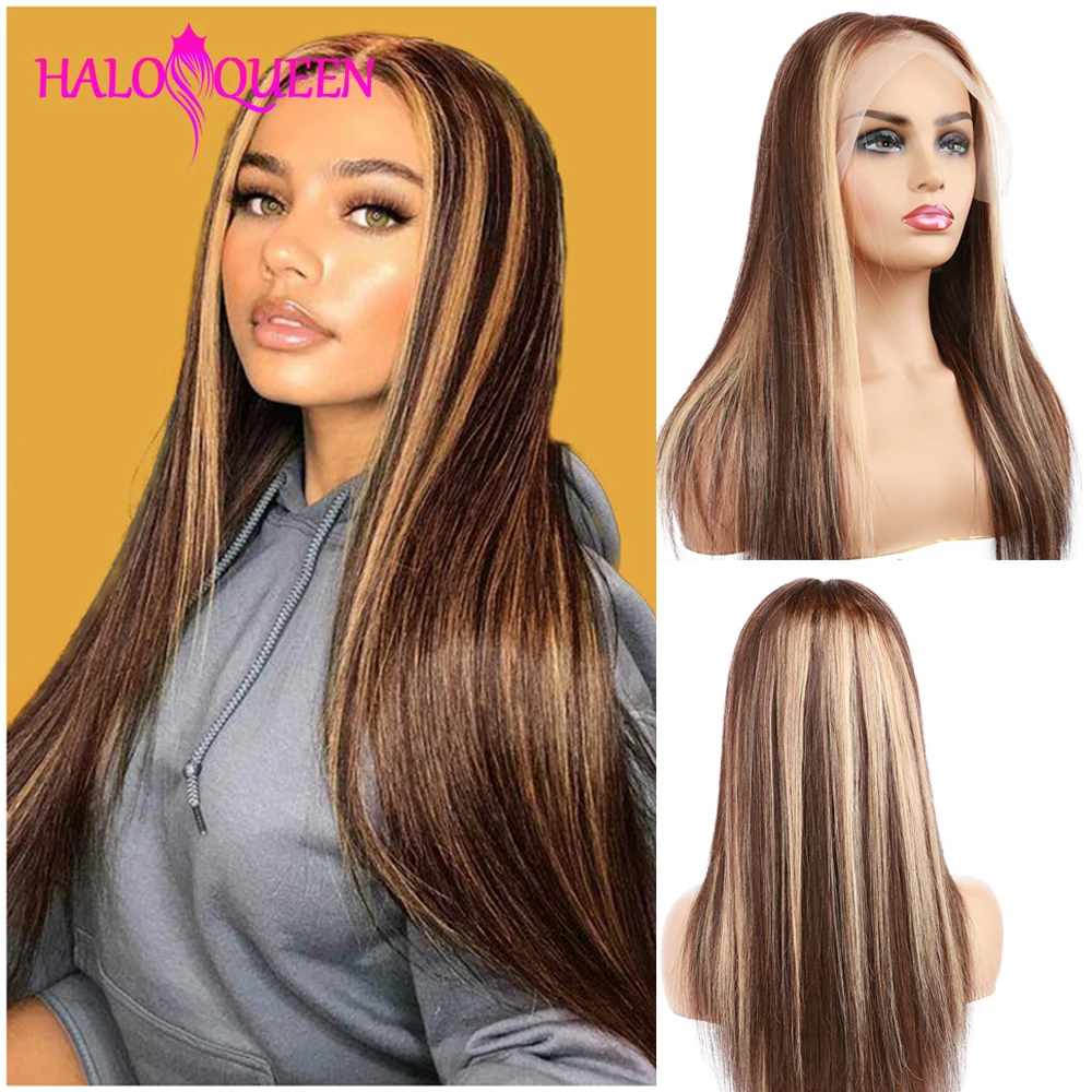 P4/27 Highlight Straight Lace Front Wig Human Hair Wigs Frontal Blonde Ombre Brown Colored Prepluck Remy | Шиньоны и парики