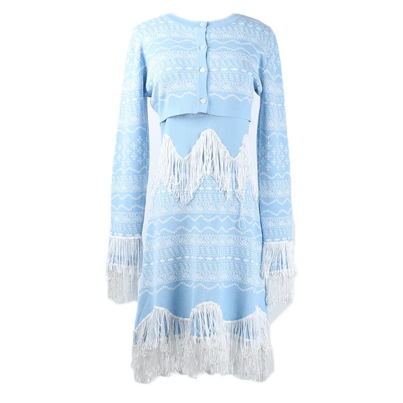 

Big brand new women's flow combed and spliced long sleeve knitted cardigan and vest dress set in spring 2019