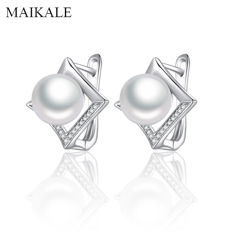 

MAIKALE Luxury 10mm Pearl Earrings for Women Square Silver Stud Earrings with Pearl Zirconia Female Jewelry Fashion Girls Gifts