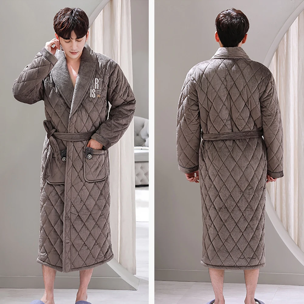 mens pajama pants Winter Men's Bathrobe Terry Robe 3-layer Flannel Super Thick Warm Dressing Gown Luxury Solid Plaid Long Robe For Man Towel Towel mens silk pajamas short set