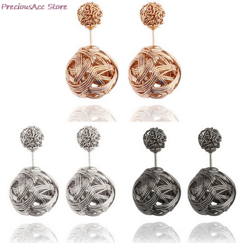 Double Sides Women gold-color Jewelry Two Gold Balls Stud Earrings Pearl Earring For Girls | Украшения и аксессуары