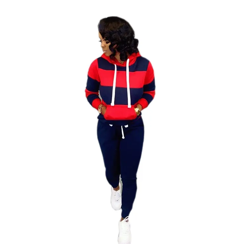 Adogirl женский спортивный костюм в полоску с цветными блоками, Модный повседневный комплект из двух предметов, пуловер с длинными рукавами и завязками, худи, штаны для фитнеса