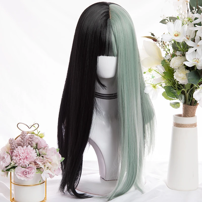 Daily Hair Mixed Green Black Lolita Wig Harajuku Cool Long Straight Synthetic Fringe Bangs for Adult Girls Women |