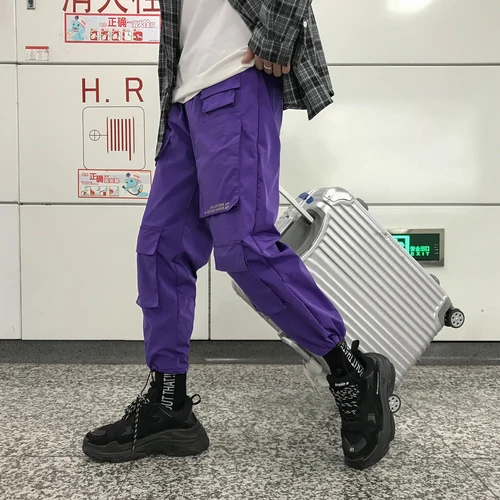 남성용 스트리트 웨어 카고 바지, 힙합 조거 포켓, 보라색, 한국 스웻팬츠 발목 길이 바지, 패션 4