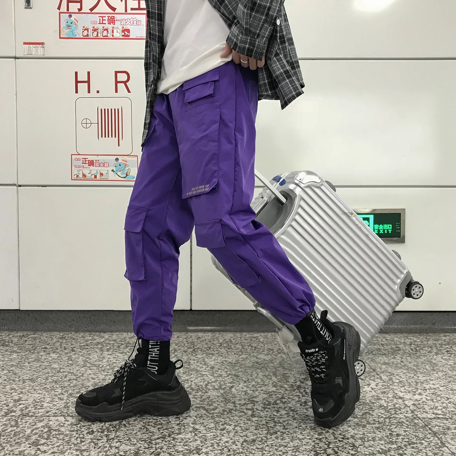 Fashion Men Streetwear Cargo Pants Mens Trousers Hip Hop Joggers Pockets  Purple Men Woman Sweatpants Korean Ankle-Length Pants