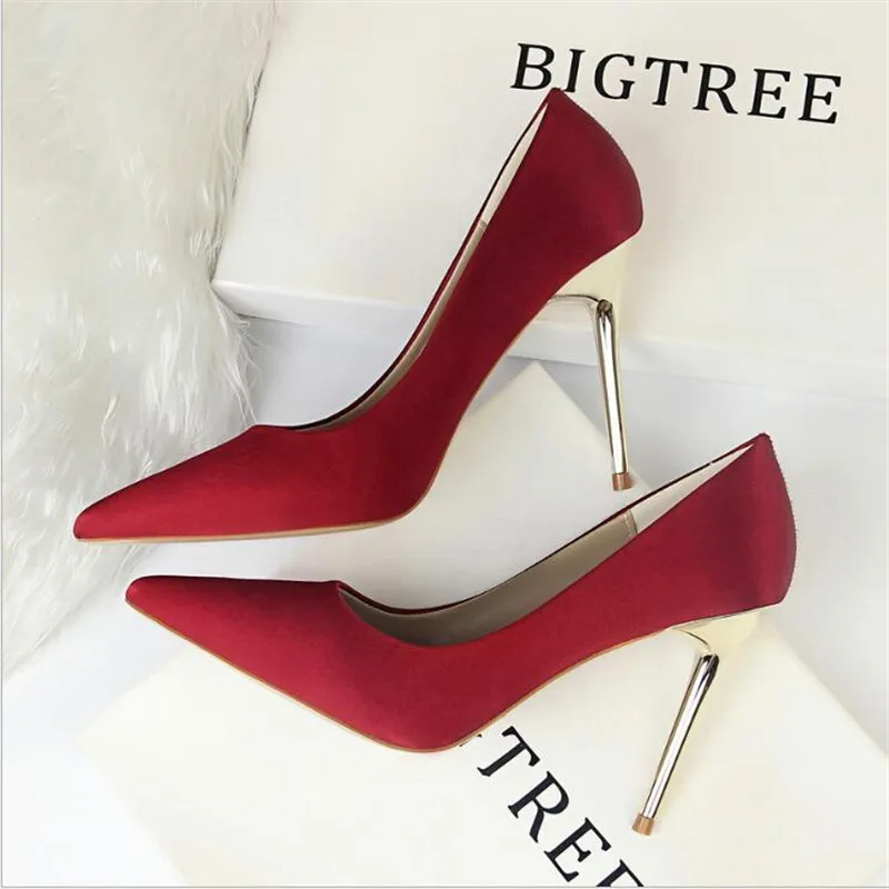 

Metal Heel Shoes Women Silk Thin High Pumps Satin Heeled Sexy Elegant High Heels Yellow 34 42 43 Pointed Fashion Ladies Shoes