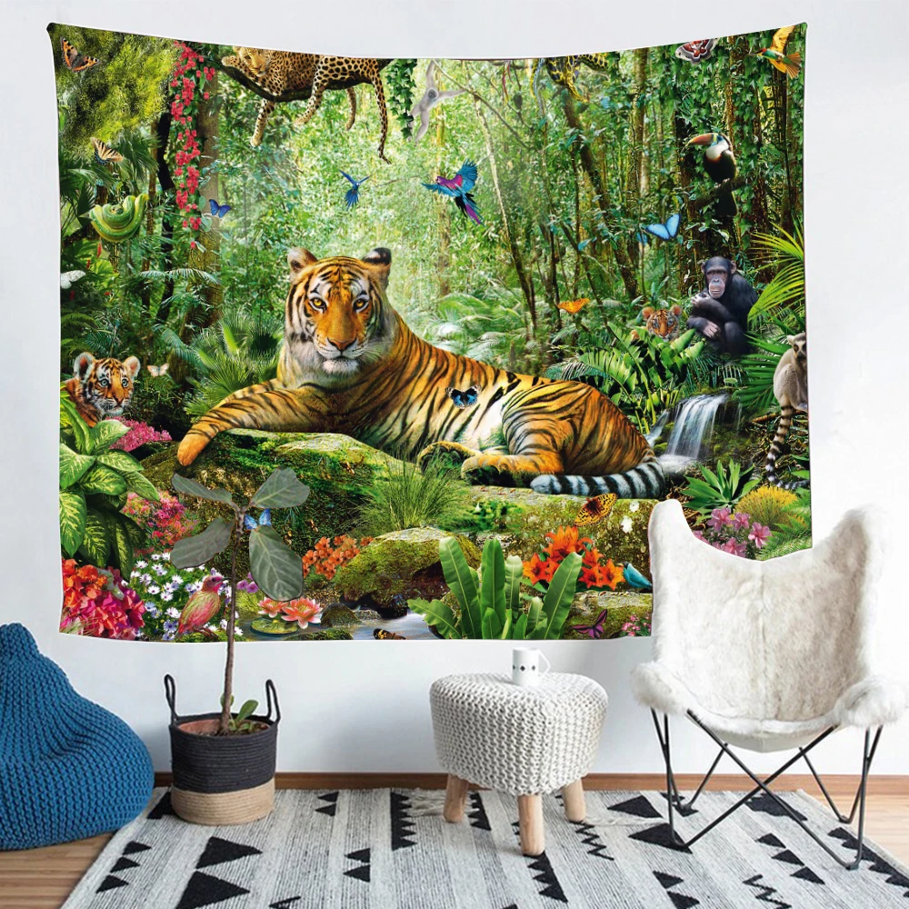 Simsant King of The Forest Tiger Tapestry Animal Tropical Rainforest Wall Hanging Tapestries for Living Room Bedroom | Дом и сад