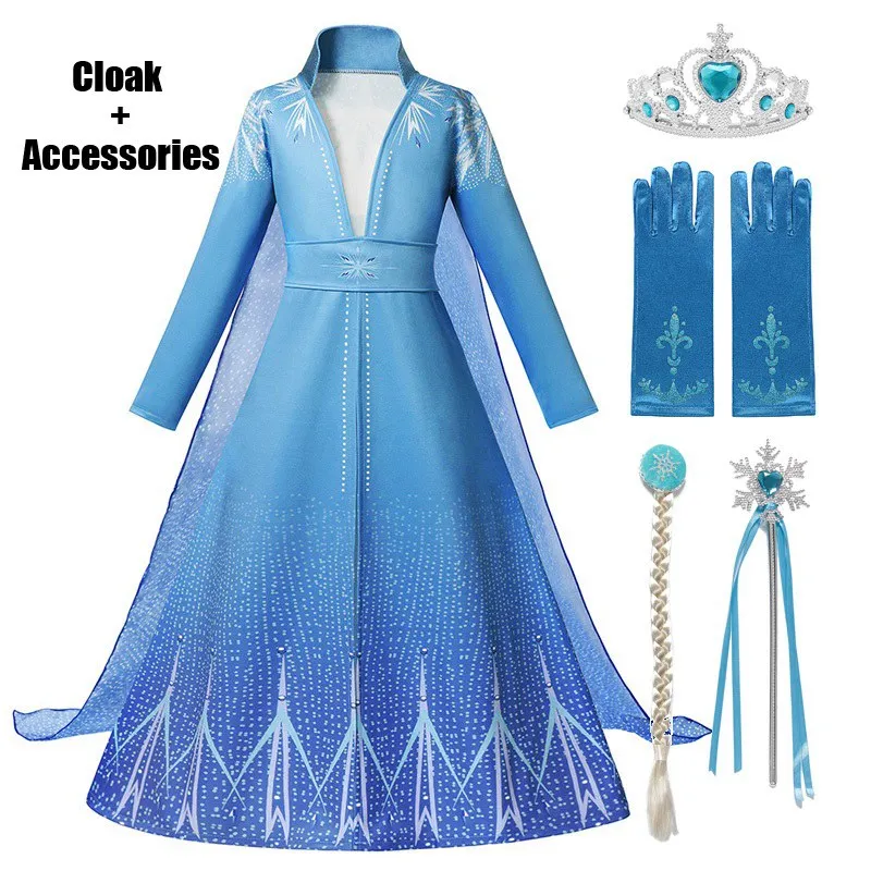 Elsa Cloak Set MUABABY Girls Elsa 2 New Princess Costume Children Blue Dress and Down 2 Pcs Set Clothes Halloween Snow Queen Fancy Dress Up - Цвет: Elsa Cloak Set