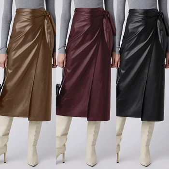

ZANZEA 2020 Stylish Women's PU Leather Skirts High Waist Split Lace-Up Midi Skirts Female Solid Robe Button Vestidos Jupe Plus