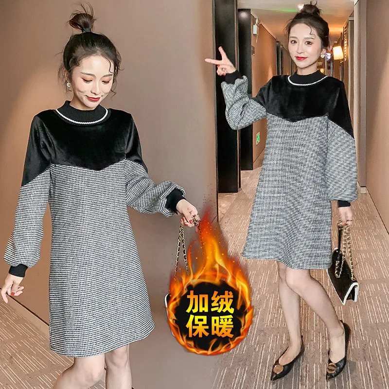 

Autumn And Winter New Style Plaid Stitching Brushed And Thick Postpartum Nursing Feeding Dress Tops Pregnancy Base Shirt