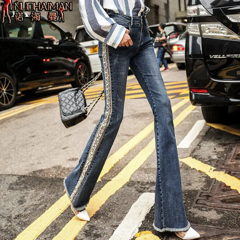 Woman Jeans Pants Horn Style In Black Autumn Winter Clothes High