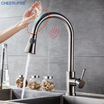 

Smart Touch Sensor Faucet Kitchen Sink Stainless Steel Tap Brushed Hot Cold Water Crane Pull Out 360 Degree Rotation Faucets Tap