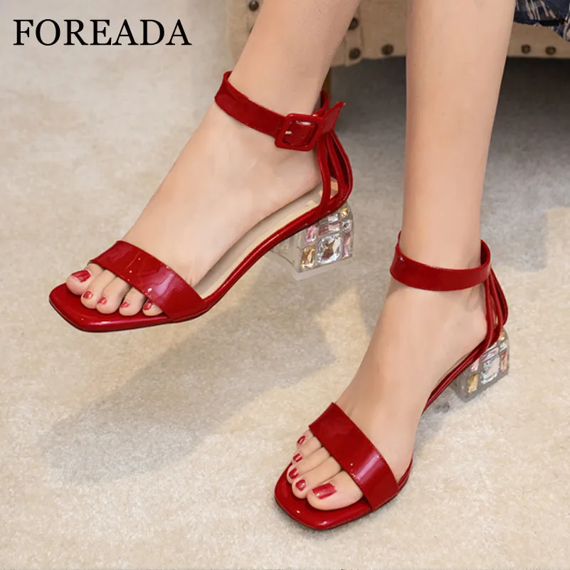 

FOREADA Women Natural Genuine Leather Sandals Crystal Block High Heel Shoes Ankle Buckle Strap Square Toe Lady Sandals Summer 43