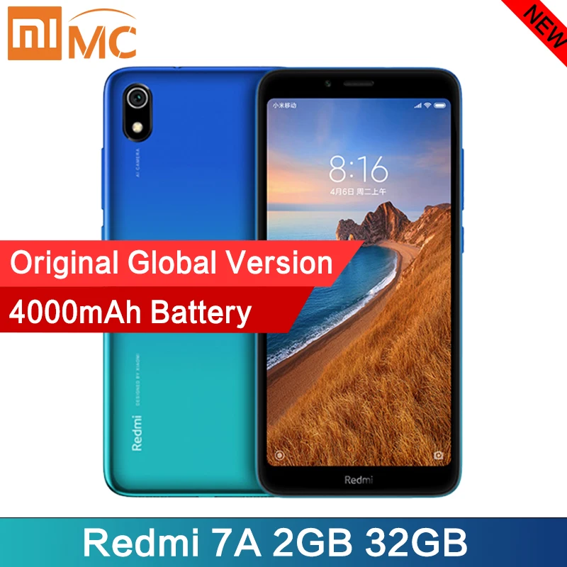 Дешево Смартфон Xiaomi Redmi 7A с глобальной версией, 2 Гб, 32 ГБ, Восьмиядерный процессор Snapdargon 5,45 HD 439, аккумулятор 4000 мА · ч, долгий режим ожидания, мобильн...
