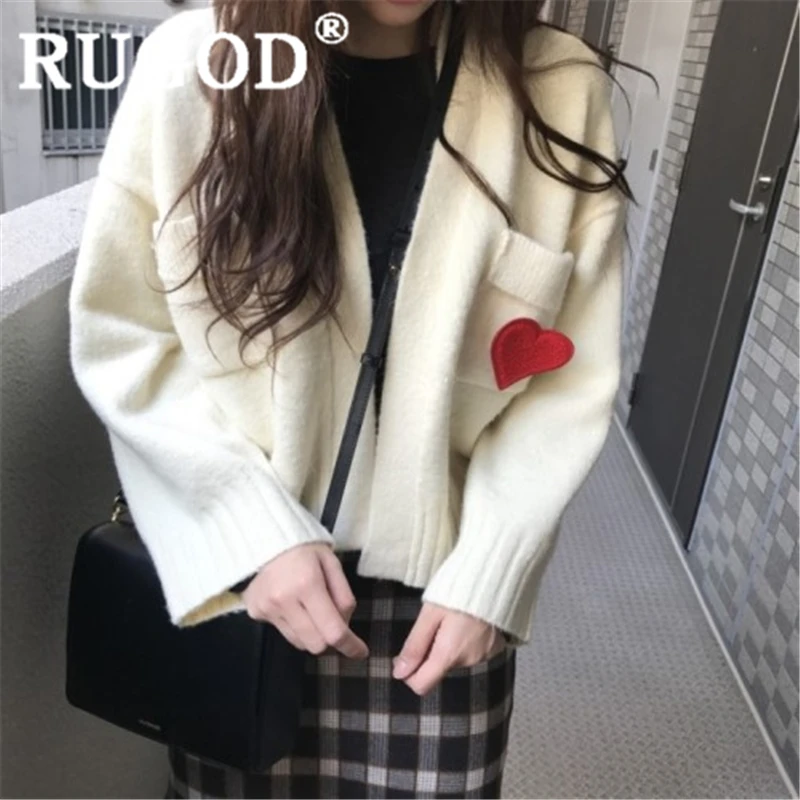 RUGOD/ осенний теплый свитер, кардиган с ажурным узором, с аппликацией в виде сердца, свободное трикотажное пальто vinatge, модное женское элегантное шикарное пальто