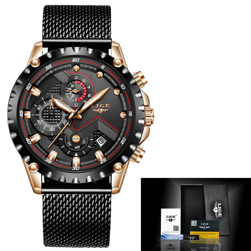 Rose gold black LIGE мужские s часы лучший бренд класса люкс модные водонепроницаемые часы спортивные кварцевые часы мужские хронограф из нержавеющей стали reloj hombre - Цвет: Rose gold black