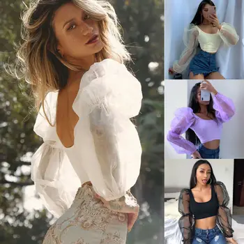 

Hot Women Sexy Crop Top Mesh Puff Sleeve Blouse Sheer Tee Slim Fit Casual Low-cut Skinny Blouses Shirts ladies classic clothing