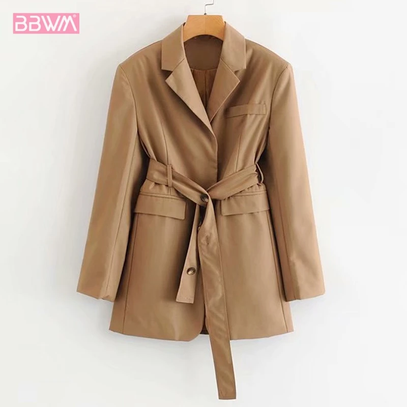 

Retro Solid Color Korean Long Sleeve Lapel Belt Women's Jacket 2019 Autumn New Waist British Tie Slim Female Coat