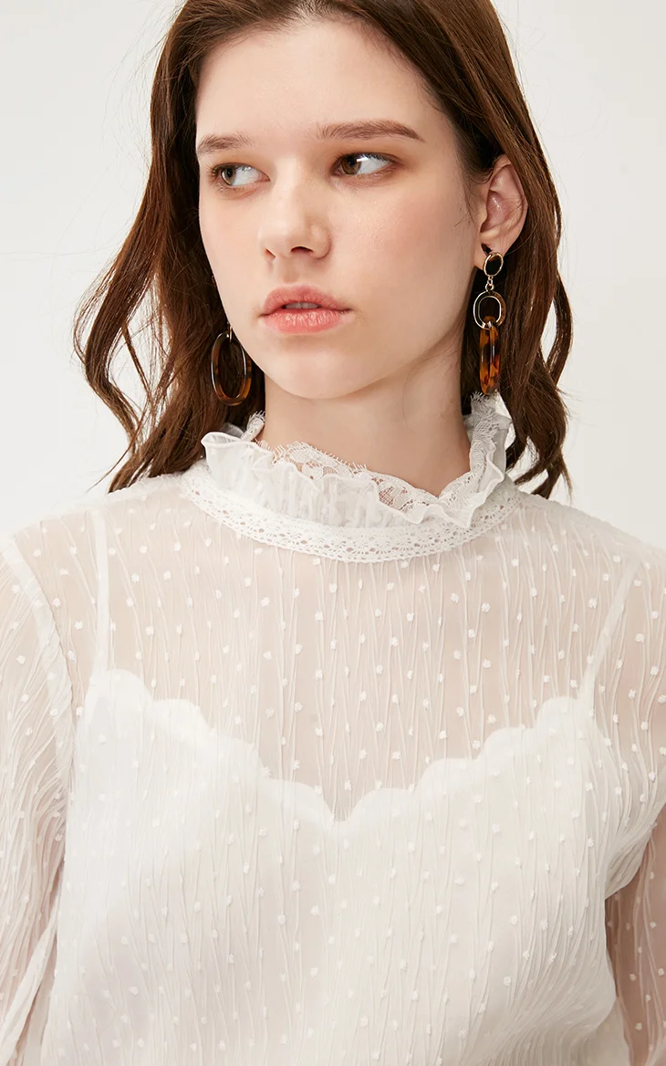 ONLY Autumn Winter Womens Loose Fit White Dot Laced Chiffon Shirt | 119207583