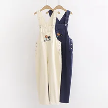 Harajuku Цветочные вышитые джинсы женские свободные Высокая талия большой карман нагрудник брюки шикарный студенческий джинсовый комбинезон повседневные Комбинезоны