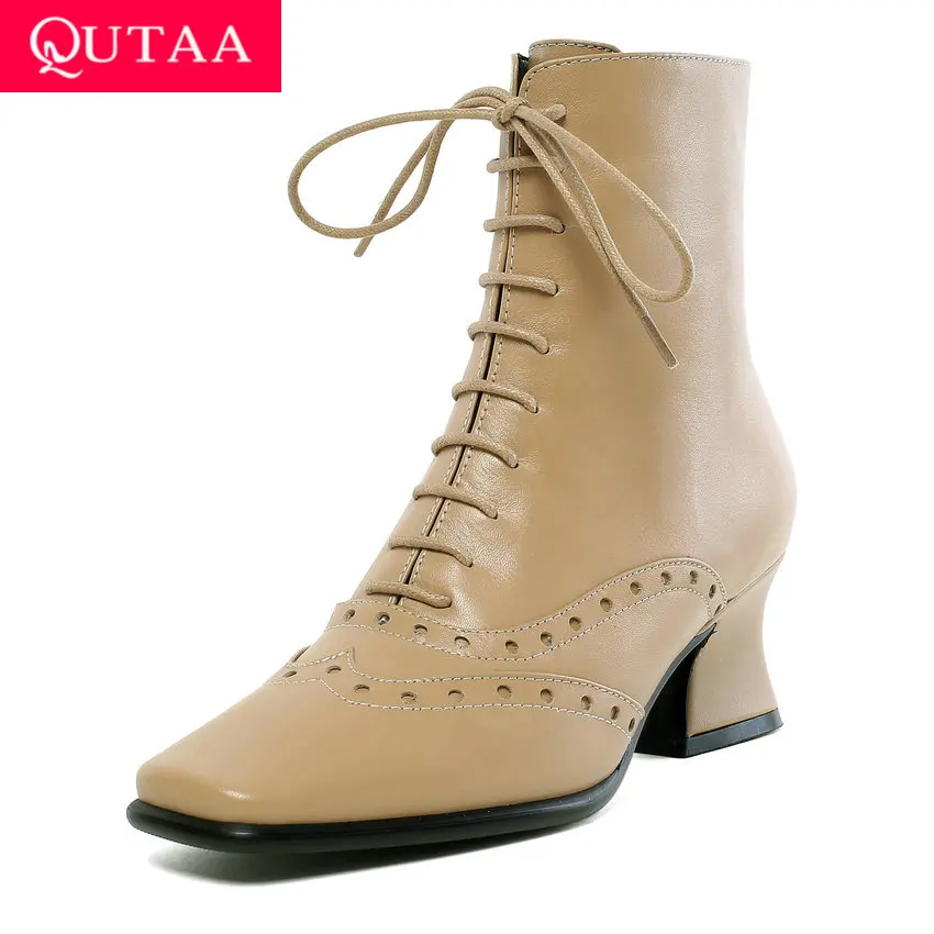 

QUTAA 2020 Winter Zipper Lace Up New Autumn Round Toe Ankle Boots PU Leather Elegant Square High Heel Women Shoes Size 34-43