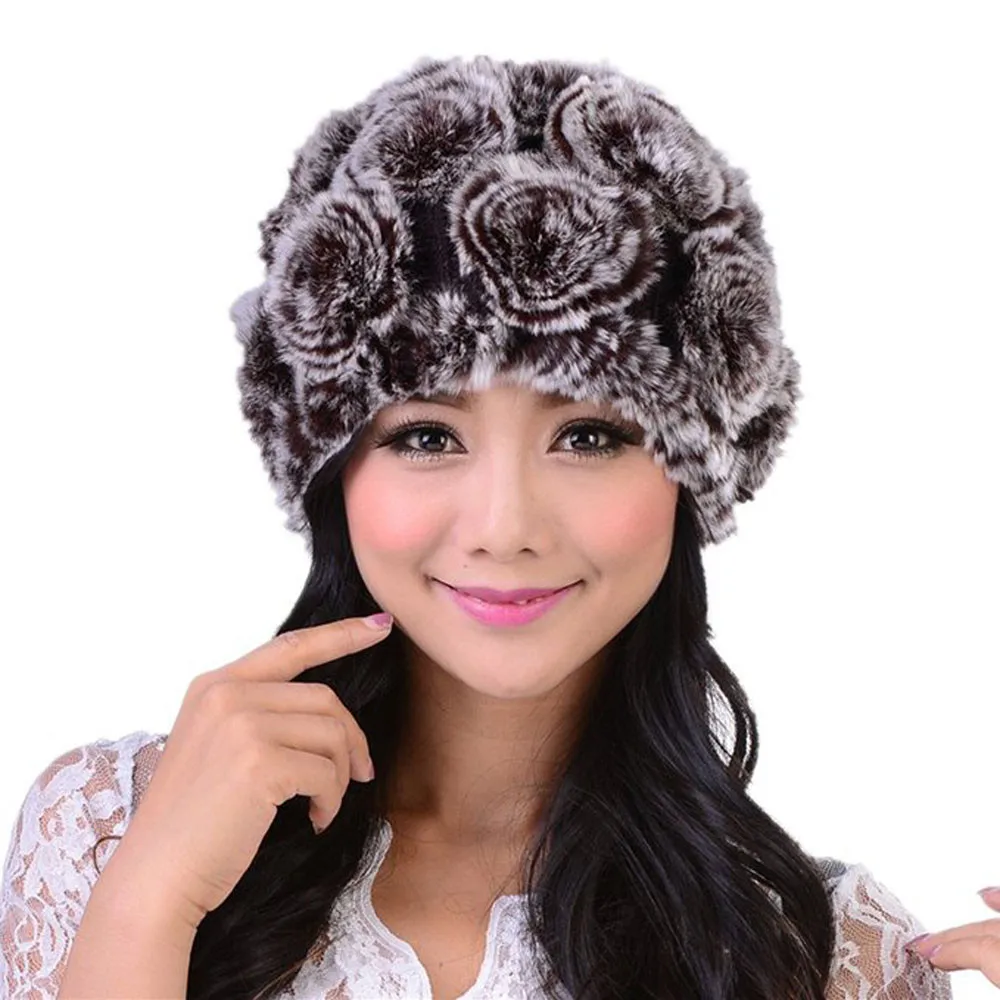 

Women's Hat Handmade Women's Fashion Real Knitted Rex Rabbit Fur Hats Lady Winter Warm Charm Beanies Caps Female Headgear T823