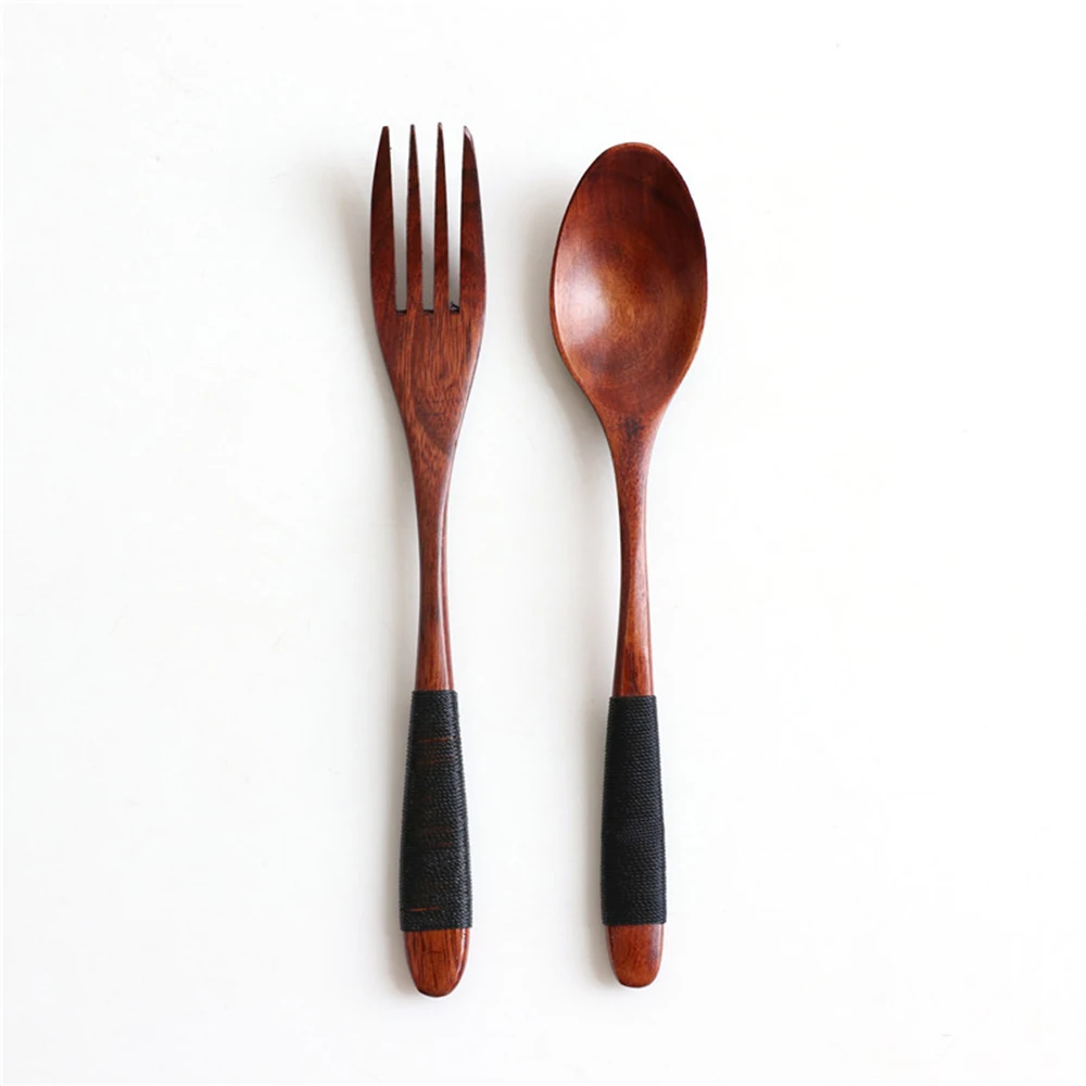 2PCS Natural Wooden Spoon & Fork Dinner Kit Rice Soups Utensil Cereal Handmade Home Tableware Dinnerware Cutlery For Kicthen images - 6
