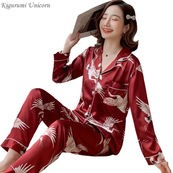 

2 Piece Women Sleepwear Plus Size 3XL 4XL 5XL 85kg Nightwear Long Sleeve Silk Pajamas 2020 New Spring Autumn Print Cute Pyjamas