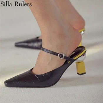 

2020 New Summer Runway Pointed Toe Mules Woman Strange Style Heels Genuine Leather Pumps Woman Ankle Strap Party Shoes Woman