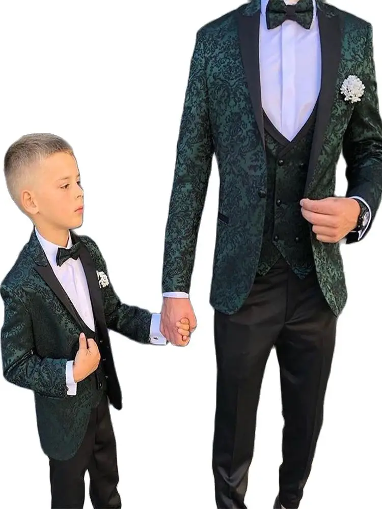 

3Pc Wedding Bridegroom Tuxedos Slim Fit Men Suits Green Pattern Jacket Vest Pants Peak Lapel Blazer Men Suits Sets Costume