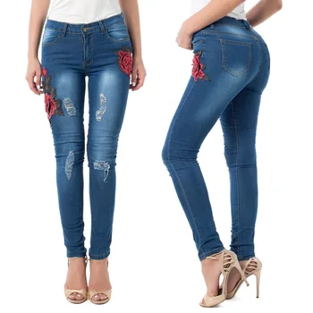 

Women's Clothing 2019 New Style Hot Selling with Holes Embroidered Skinny Jeans Women's