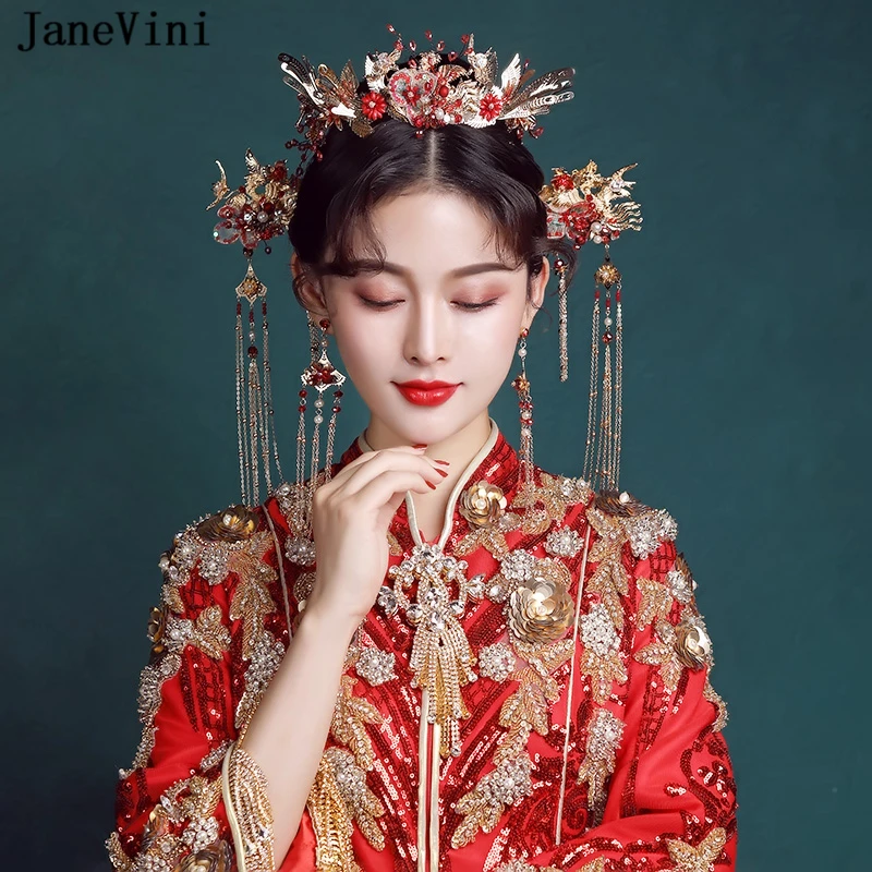 

JaneVini Vintage Chinese Red Bridal Butterfly Hairpins Handmade Sequined Hairwear Long Tassels Wedding Jewelry Hair Accessories