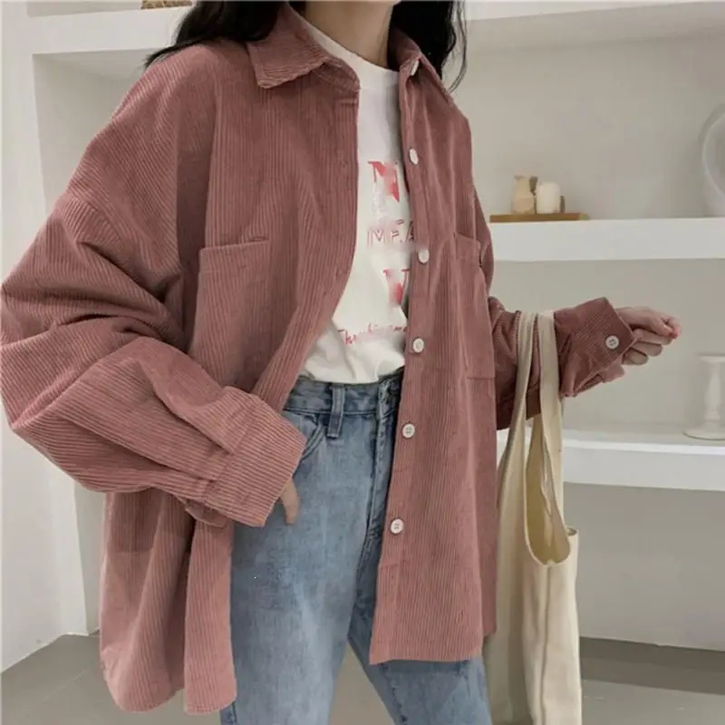 

Fall Women Oversized Solid Turn Down Collar Shirts Female Pocket Shirts Casual Long Sleeve Loose Corduroy Blouse