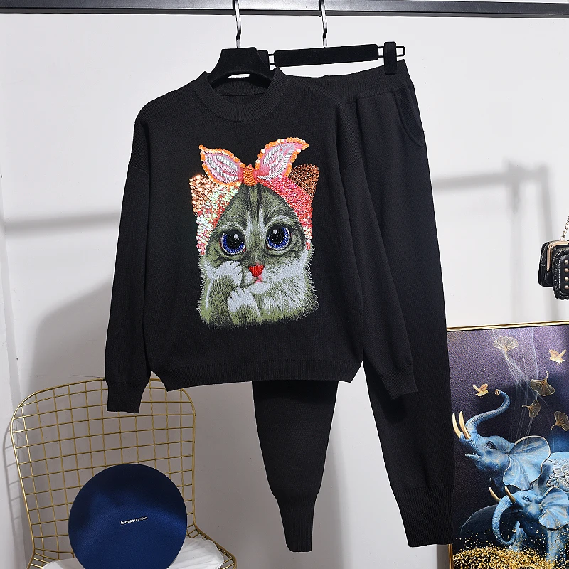 

2020 Autumn Winter knit Set Women Fashion Diamond Cat Long Sleeve knitted Sweater Tops + Long Pants Two Piece Set Women Outfits