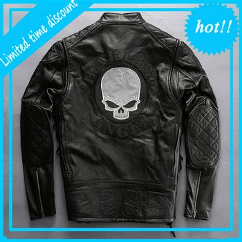 

free shipping Men Genuine Leather Jacket Vintage Classic Warm Motorcycle Biker Black Jacket Skull Embroidery Cowhide Coat