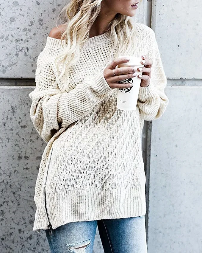 

2020 new fashion Loose Long Sleeve Sweaters Women Bat Sleeve Solid Pullovers Zippers Casual O-Neck Knitted Tops 5 colour 5 size