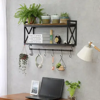 

Vintage wrought iron wood racks wall hanging kitchen seasoning shelf storage rack bathroom shelf coffee cup shelf