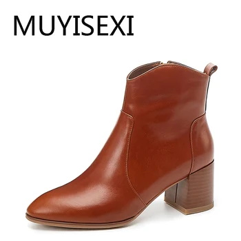 

Genuine leather fashion ankle boots zipper 6cm hign heels elegant female classic warm office lady winter shoes ANJ11 MUYISEXI