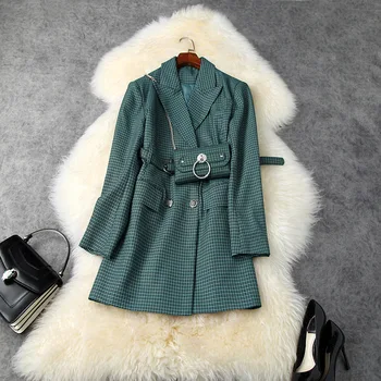 

New 2020 autumn winter women plaid long blazer notched collar double breasted blazers jacket and bag pocket belt green outerwear
