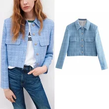 

Blue Fashion Tweed Short Blazer Spring Autumn Women Simple Casual Single Button Blazer Indie Elegant Office Commute Streetwear