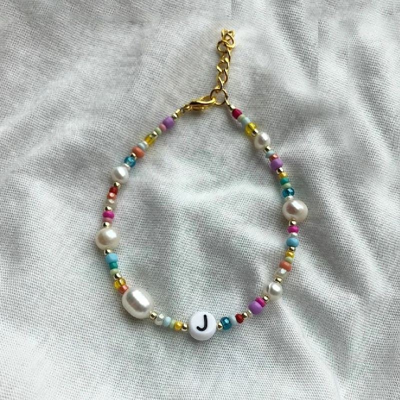 

Bohemian Colorful Beads A-Z Initial Letter Bracelet Handmade Personalized Charm Freshwater Pearl Bangle Christmas Couple Gift