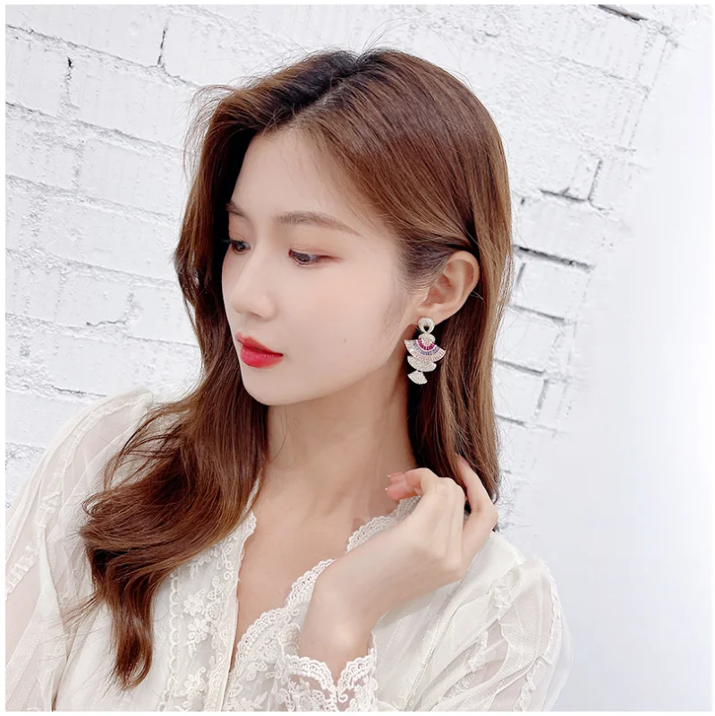 Fashion Heavy industry color zircon earrings stereo gradient pink fan-shaped earrings women A163