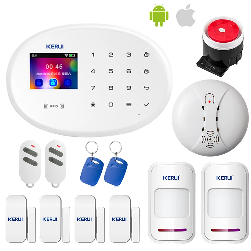 

KERUI WIFI GSM Home Security Alarm System RFID Card 2.4 inch TFT Touch Panel APP Control Motion Detector Burglar Alarm