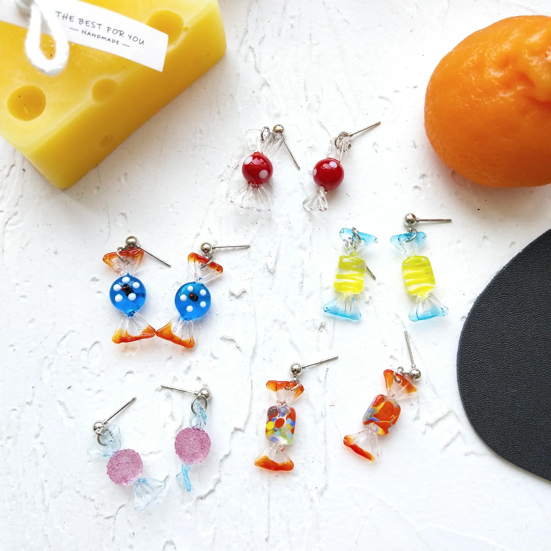 

SNCSDK new Retro glass candy cute contrast color girl heart Japan and South Korea glass Women's Stud earrings ear clips jewelry